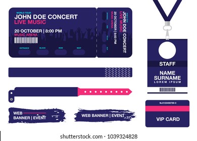 Concert ticket, bracelets, lanyards, identification card for access control to event. Festival wristband, web banners for event advertising. Vector