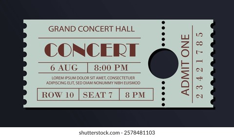 Concert ticket with elegant typography, featuring event details like date, time, seat, and venue. Minimalist style, beige and brown on dark background. Vector illustration