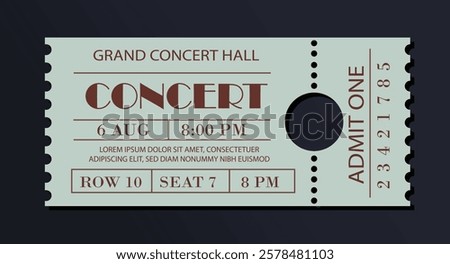 Concert ticket with elegant typography, featuring event details like date, time, seat, and venue. Minimalist style, beige and brown on dark background. Vector illustration