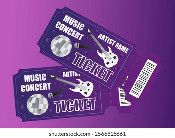 Concert ticket illustration on purple background.