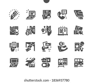 Concert Ticket, Invitation, Show, Party Ticket, Coupon, Cinema Tickets, Entry. Online Service To Buy Ticket. Music Event Concert Ticket. Vector Solid Icons. Simple Pictogram