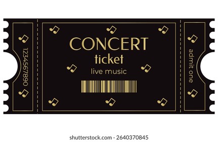 Concert ticket on black background with golden notes, accept one, barcode, sample, template