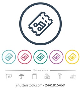 Concert ticket outline flat color icons in round outlines. 6 bonus icons included.