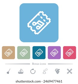Concert ticket outline white flat icons on color rounded square backgrounds. 6 bonus icons included