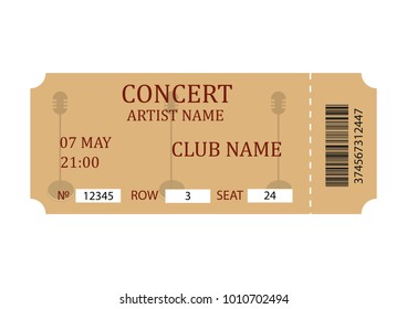 Concert ticket. Retro ticket template isolated on white background. Vector