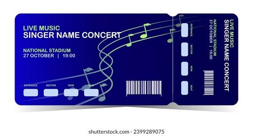 Plantilla de boleto de concierto. Fondo azul con líneas de música