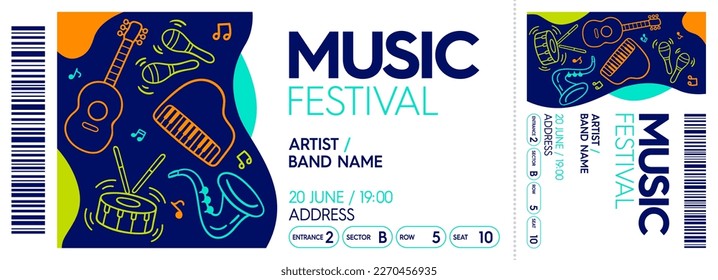 Concert ticket template. Concert, festival or party ticket design template with of instrument silhouettes in background. Vector