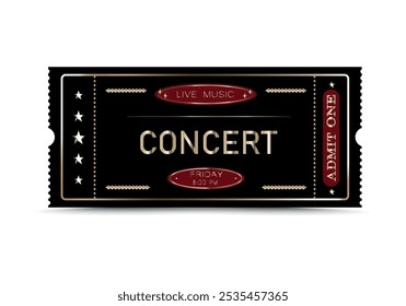 Concert ticket. Ticket template with gold font. Entrance ticket isolated on white background. Vector illustration