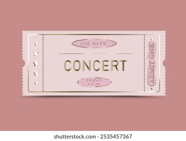 Entrada al concierto. Plantilla de boletos con fuente dorada. Ticket de entrada aislado sobre un fondo claro. Ilustración vectorial