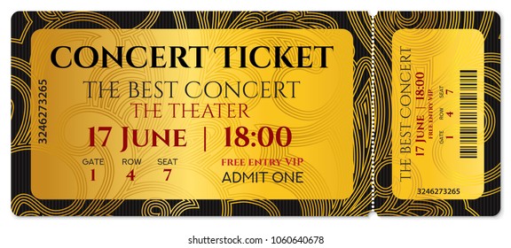 Concert ticket template, Golden ticket design (tear-off ticket mockup) on gold  glitter background. Useful for any festival, party, cinema, event, entertainment show