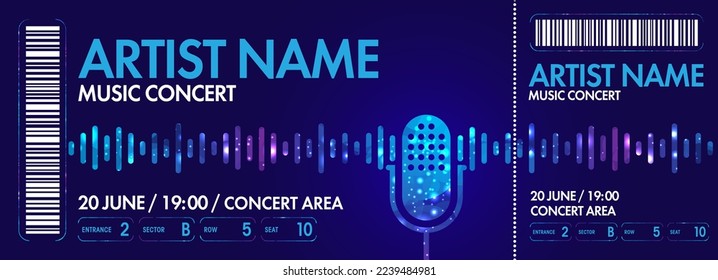 Concert ticket template. Microphone and sound wave in the background. Vector