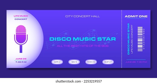 Concert ticket template in modern style. For concerts, parties, discos and other events. Vector, printable. Just add your text.