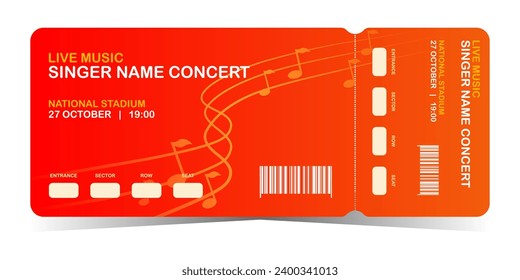 Plantilla de boleto de concierto. Fondo naranja con líneas de música