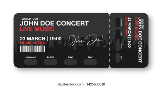 Concert ticket template. Concert, party, disco or festival ticket design template with people crowd on background. Entrance to the event. Vector