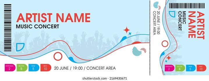 Concert ticket template. Concert, party or festival ticket design template with crowd of people in background. Vector