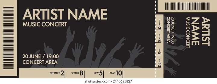 Concert ticket template. Concert, party or festival ticket design template with crowd of people in background. Vector