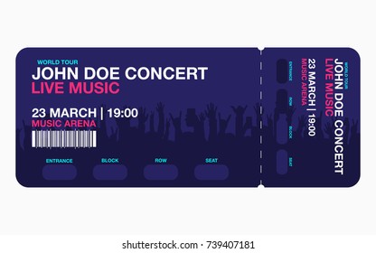 Concert ticket template. Concert, party or festival ticket design template with people crowd on background. Vector