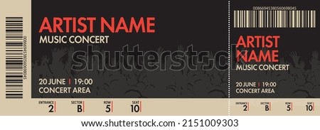 Concert ticket template. Concert, party or festival ticket design template with crowd of people in background. Vector