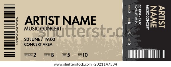 Concert ticket\
template. Concert, party or festival ticket design template with\
crowd of people in background.\
Vector