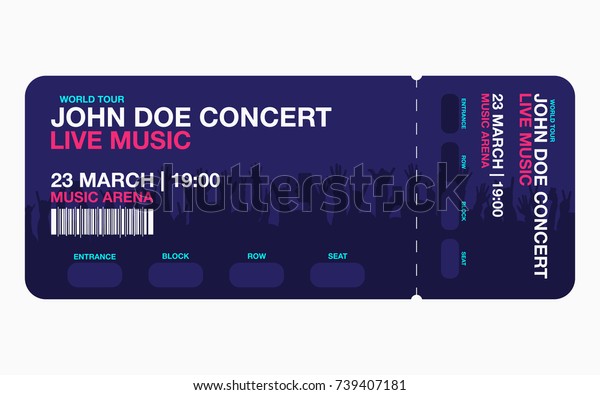 Concert ticket\
template. Concert, party or festival ticket design template with\
people crowd on background.\
Vector