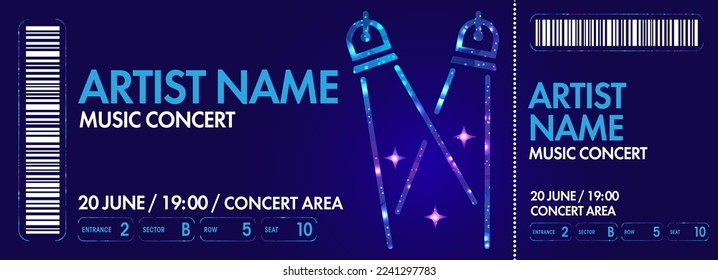 Plantilla de boleto de concierto. Icono de proyector y focos en el fondo. Vector