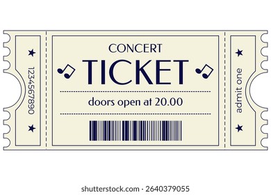 Concert ticket vector, template, sample, graphic element, on light background, barcode, notes, stars, admit one, doors open at 20.00