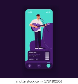 Concert tickets booking application smartphone interface vector template. Mobile app page dark design layout. Performance details screen. Flat UI for application. Musician on phone display