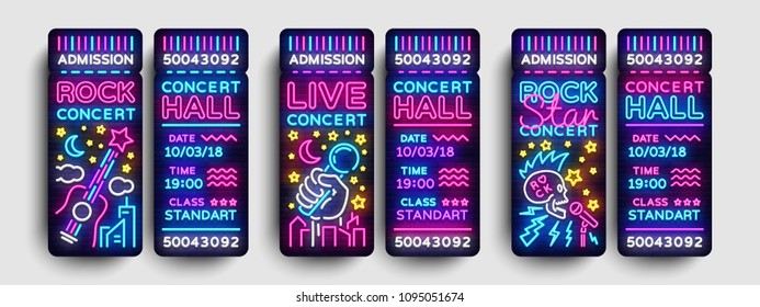 Concert Tickets Collection Design Template in Modern Trend Style. Rock Concert Tickets Vector Illustration, Neon Style, Light Banner, Bright Advertising for Concert, Festival. Nightlife Vector