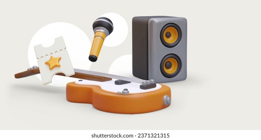 Concert tickets. Vector color composition. 3D ticket, speaker, microphone, guitar. Template announcement about entertainment event, party. Space for date, address