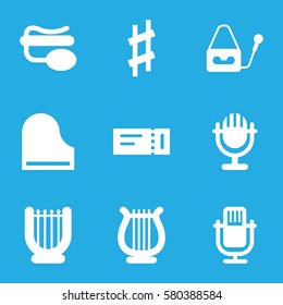 concert vector icons. Set of 9 concert filled icons such as ticket, pin microphone, microphone, piano, musical sharp