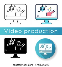 Concert video icon. Music event online streaming. Watching band live performance on Internet. Digital content creating. Linear black and RGB color styles. Isolated vector illustrations