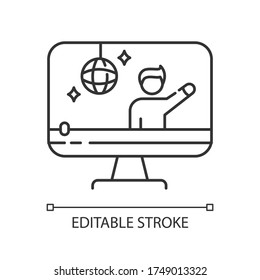 Concert video pixel perfect linear icon. Music event online streaming. Digital content creating. Thin line customizable illustration. Contour symbol. Vector isolated outline drawing. Editable stroke