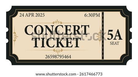 Concert vintage ticket vector flat, cut line, simple style, black beige gold color