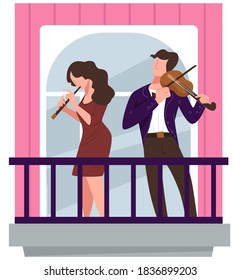 Concert of violinist and flutist on balcony, coronavirus lockdown and quarantine activities during outbreak. Musicians giving performance for neighbors, people in suits. Vector in flat style