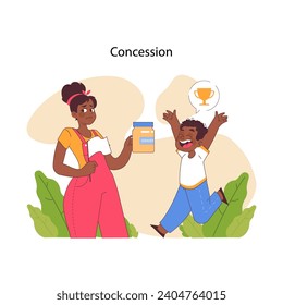 Concession concept. A cheerful child celebrates a victory as a woman makes a compromise with a cookie jar, showcasing the joy of agreement. Flat vector illustration