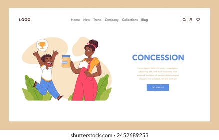 Concession concept. A cheerful child celebrates a victory as a woman makes a compromise with a cookie jar, showcasing the joy of agreement. Flat vector illustration svg