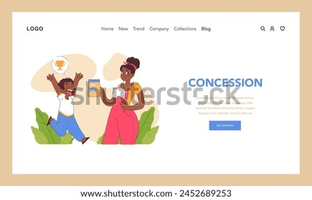 Concession concept. A cheerful child celebrates a victory as a woman makes a compromise with a cookie jar, showcasing the joy of agreement. Flat vector illustration