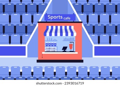 Concession stand at sports stadium vector illustration. Rows of seats on background. Sports event, cafe concept