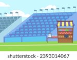 Concession stand at stadium vector illustration. Rows of seats on background. Sports event, cafe concept