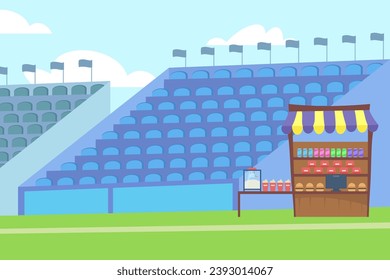 Concession stand at stadium vector illustration. Rows of seats on background. Sports event, cafe concept