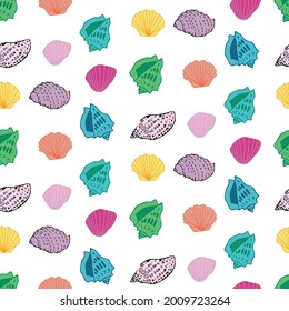 Conch, clam, and various seashells in bright summer tone colors. Designed in seamless repeat pattern. Can be printed on wall paper, wrapping paper, or fabric for children's clothing.