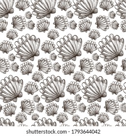 Conch in sea or ocean seamless pattern, monochrome aquarium decoration. Shellfish or seashell detailed mussel, marine and aquatic themed sealife. Monochrome sketch outline, vector in flat style