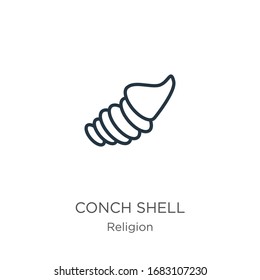 Conch shell icon. Thin linear conch shell outline icon isolated on white background from religion collection. Line vector sign, symbol for web and mobile
