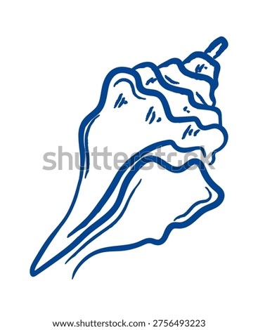 Conch shell sketched with bold contour strokes and rough texture detail in a hand-drawn style. Symbol of ocean, travel, summer, and coastal nostalgia. Cartoon vector illustration.