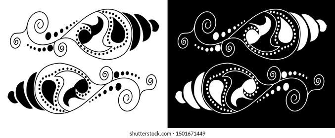 Conch shells with spiral and dot design - Indian Traditional and Cultural Rangoli, Alpona, Kolam or Paisley vector line art with black and white background