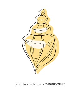 Conch undersea seashell in line art style. Summer sea print, vacations, beach, marine life, aquatic animal. Vector illustration isolated on a white background.