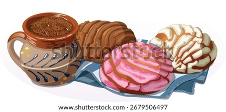 Concha Bread with Champurrado Mug - Traditional Mexican Beverage and Pan Dulce Sweet Bread Pastries Illustration