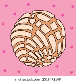 Concha traditional Mexican sweet bread Cute illustration of a white concha with hearts