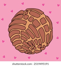 Concha tradicional pan dulce mexicano Linda ilustración de una concha de chocolate con corazones