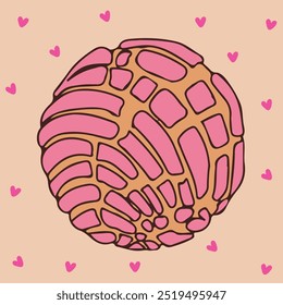 Concha tradicional pan dulce mexicano Linda ilustración de una concha de fresa con corazones